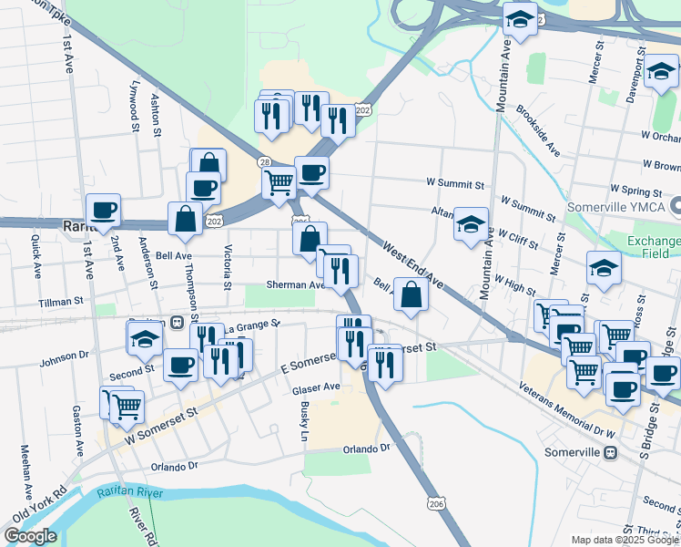 map of restaurants, bars, coffee shops, grocery stores, and more near 1 Sherman Avenue in Raritan