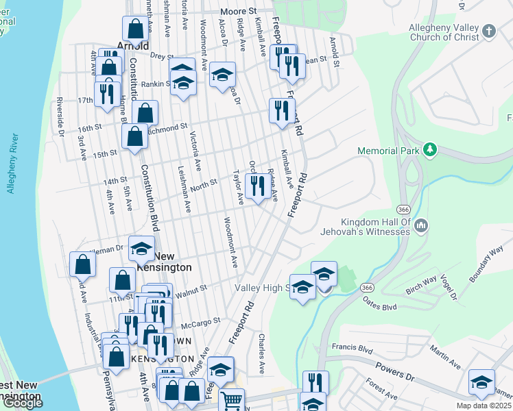 map of restaurants, bars, coffee shops, grocery stores, and more near 666 Catalpa Street in New Kensington