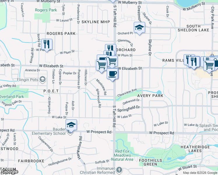 map of restaurants, bars, coffee shops, grocery stores, and more near 1125 South Taft Hill Road in Fort Collins