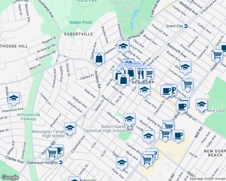 map of restaurants, bars, coffee shops, grocery stores, and more near 139 New Dorp Plaza in Staten Island
