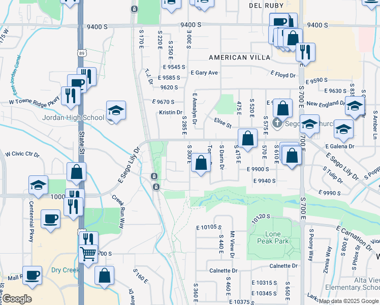 map of restaurants, bars, coffee shops, grocery stores, and more near 231 East Sandy Circle in Sandy