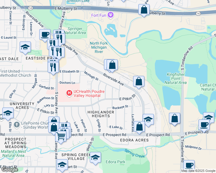 map of restaurants, bars, coffee shops, grocery stores, and more near 1117 Baker Street in Fort Collins