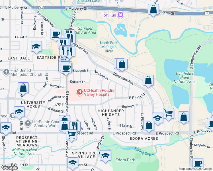 map of restaurants, bars, coffee shops, grocery stores, and more near 1116 Emigh Street in Fort Collins