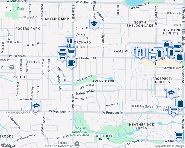 map of restaurants, bars, coffee shops, grocery stores, and more near 1101 Castlerock Drive in Fort Collins