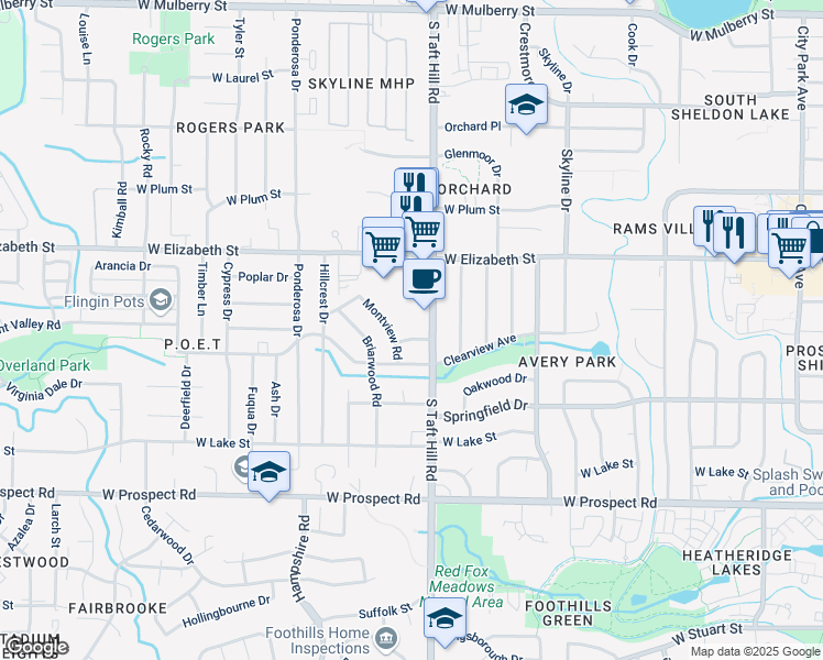 map of restaurants, bars, coffee shops, grocery stores, and more near 1125 South Taft Hill Road in Fort Collins