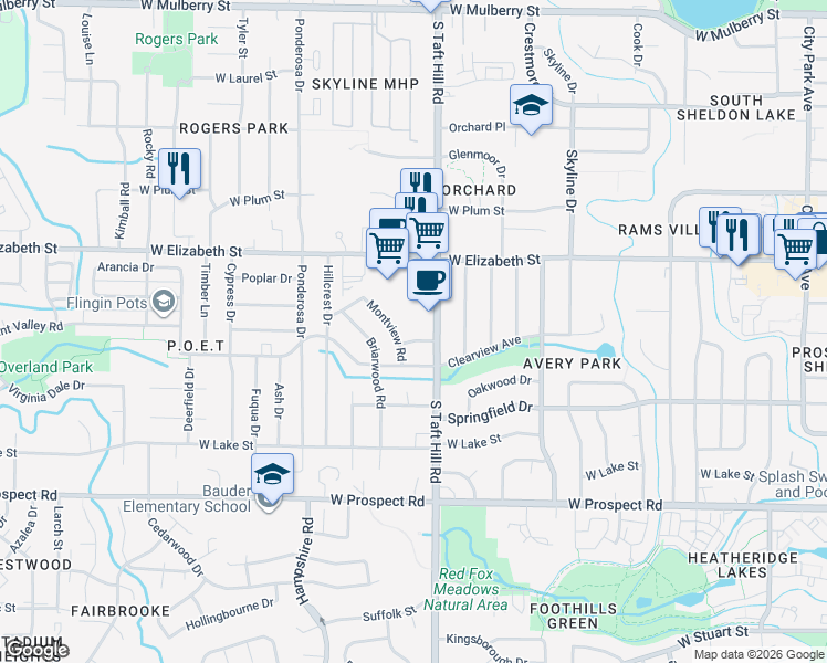 map of restaurants, bars, coffee shops, grocery stores, and more near 1125 South Taft Hill Road in Fort Collins