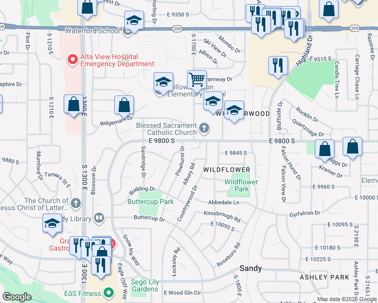 map of restaurants, bars, coffee shops, grocery stores, and more near 9863 Pinehurst Drive in Sandy