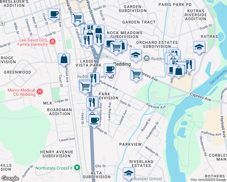 map of restaurants, bars, coffee shops, grocery stores, and more near 2556 Lanning Avenue in Redding