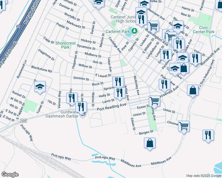 map of restaurants, bars, coffee shops, grocery stores, and more near 157 Holly Street in Woodbridge Township