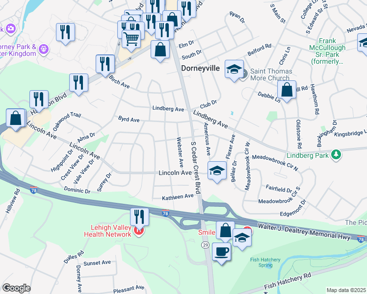 map of restaurants, bars, coffee shops, grocery stores, and more near 1117 Webster Avenue in Allentown