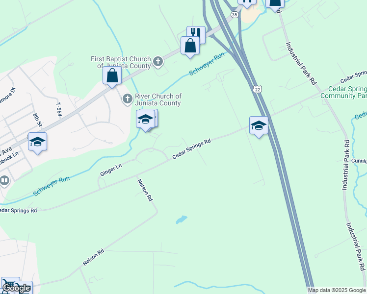 map of restaurants, bars, coffee shops, grocery stores, and more near Farmers Ln in Mifflintown