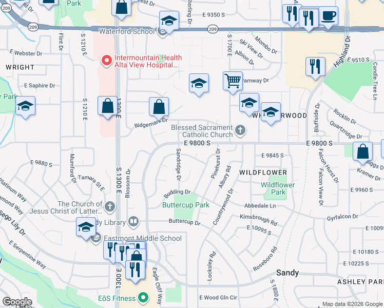 map of restaurants, bars, coffee shops, grocery stores, and more near 1563 Tameron Drive in Sandy