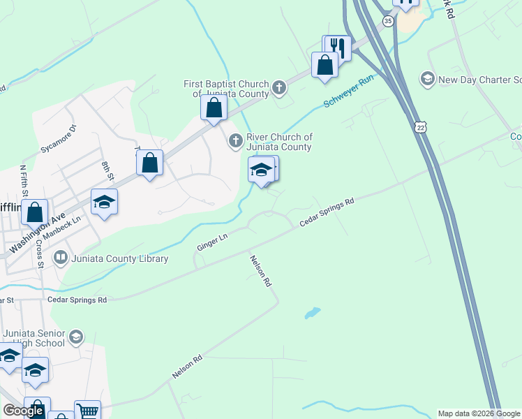 map of restaurants, bars, coffee shops, grocery stores, and more near 44 Ginger Field Drive in Mifflintown