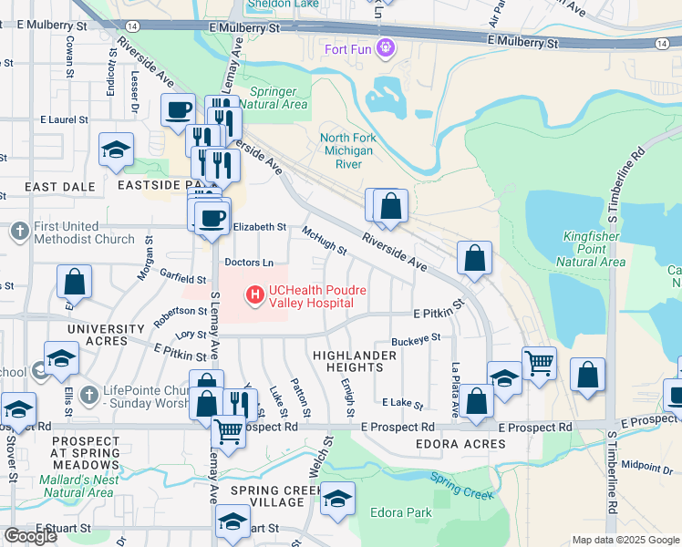 map of restaurants, bars, coffee shops, grocery stores, and more near 1116 Emigh Street in Fort Collins