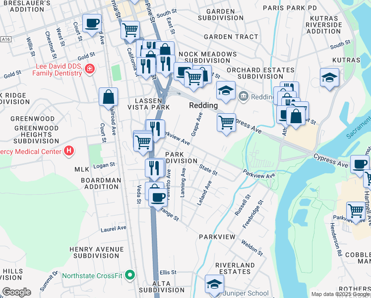 map of restaurants, bars, coffee shops, grocery stores, and more near 2556 Lanning Avenue in Redding