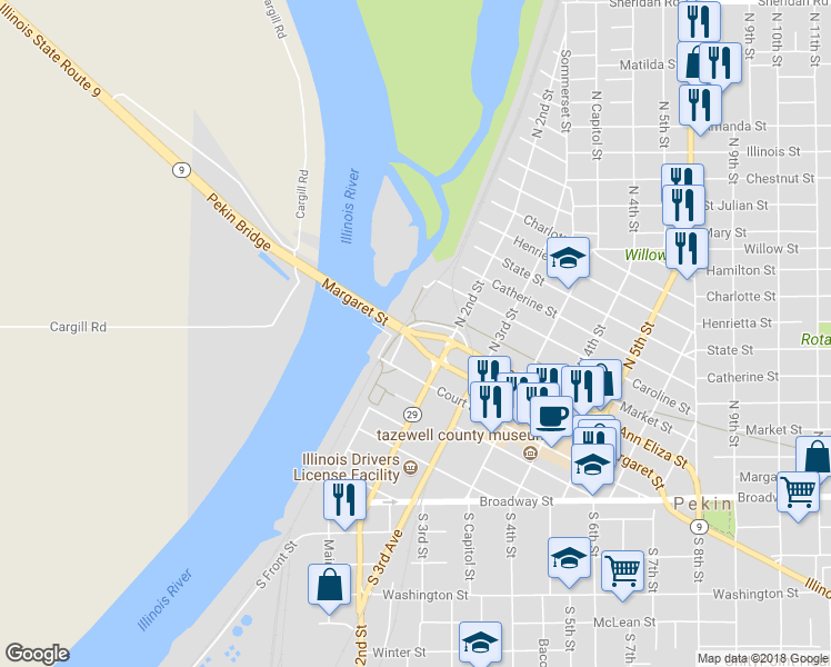 map of restaurants, bars, coffee shops, grocery stores, and more near 134 Ann Eliza Street in Pekin