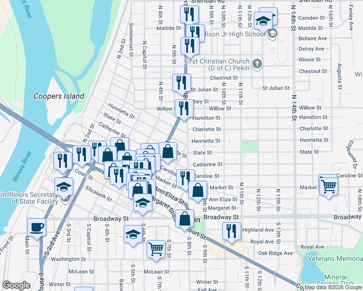 map of restaurants, bars, coffee shops, grocery stores, and more near 601 North 6th Street in Pekin