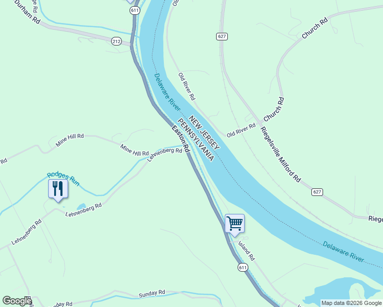 map of restaurants, bars, coffee shops, grocery stores, and more near 1820 Easton Road in Kintnersville