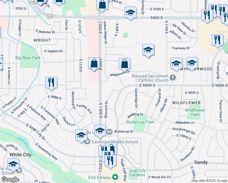 map of restaurants, bars, coffee shops, grocery stores, and more near 9831 Blossom Drive in Sandy