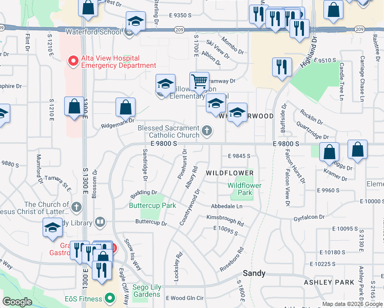 map of restaurants, bars, coffee shops, grocery stores, and more near 9863 Pinehurst Drive in Sandy