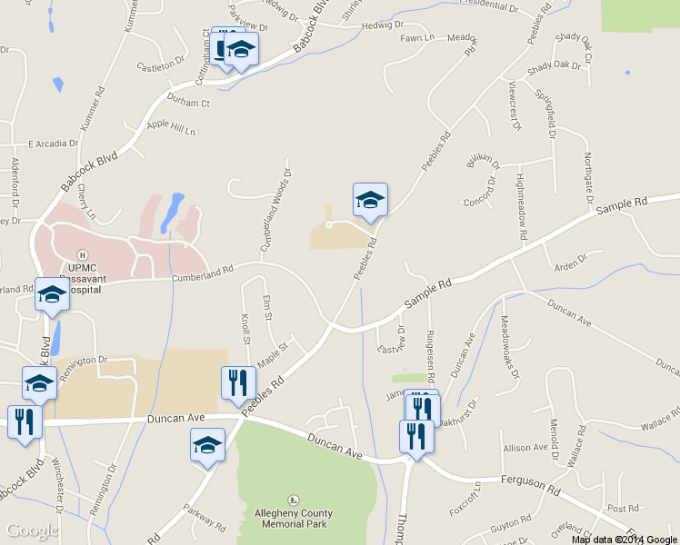 map of restaurants, bars, coffee shops, grocery stores, and more near 9185 Peebles Road in McCandless