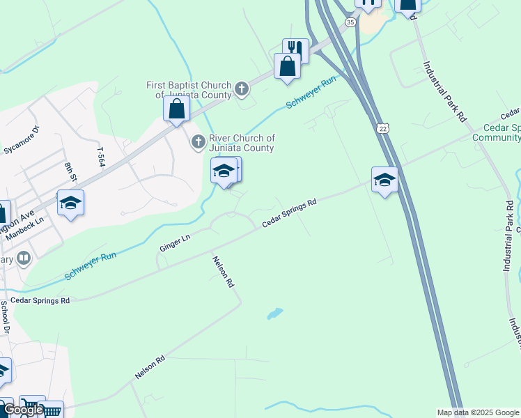 map of restaurants, bars, coffee shops, grocery stores, and more near Farmers Ln in Mifflintown