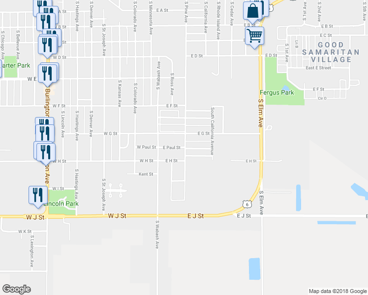 map of restaurants, bars, coffee shops, grocery stores, and more near 198 East Paul Street in Hastings