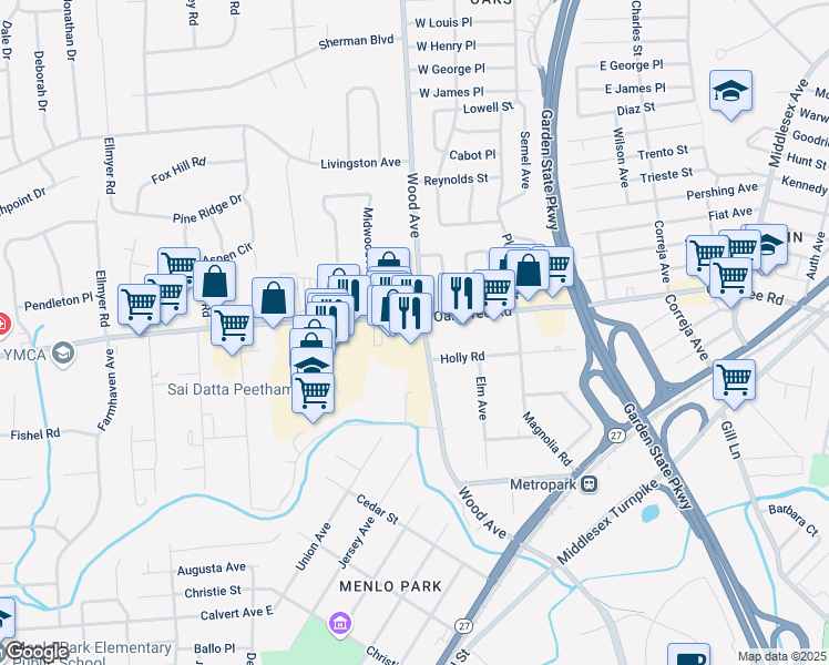 map of restaurants, bars, coffee shops, grocery stores, and more near 173 Wood Avenue in Edison