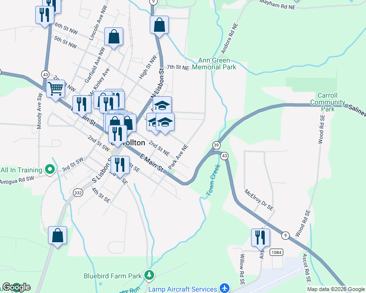 map of restaurants, bars, coffee shops, grocery stores, and more near 220 Park Avenue Northeast in Carrollton