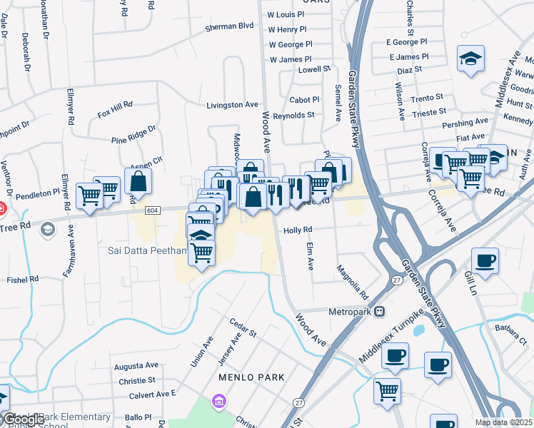 map of restaurants, bars, coffee shops, grocery stores, and more near 173 Wood Avenue in Edison