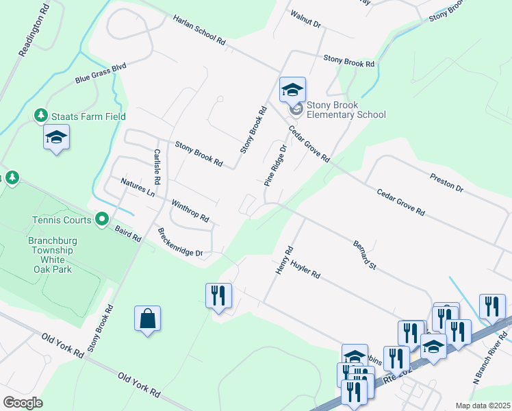 map of restaurants, bars, coffee shops, grocery stores, and more near 211 Bernard Street in Branchburg