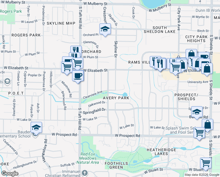 map of restaurants, bars, coffee shops, grocery stores, and more near 1101 Castlerock Drive in Fort Collins