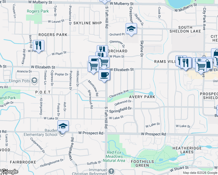 map of restaurants, bars, coffee shops, grocery stores, and more near 1044 Meadowbrook Drive in Fort Collins
