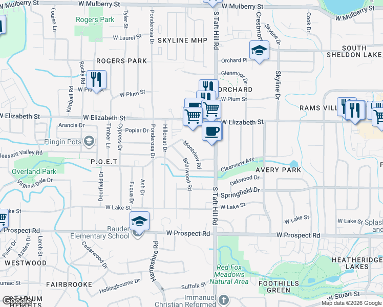 map of restaurants, bars, coffee shops, grocery stores, and more near 1064 Briarwood Road in Fort Collins