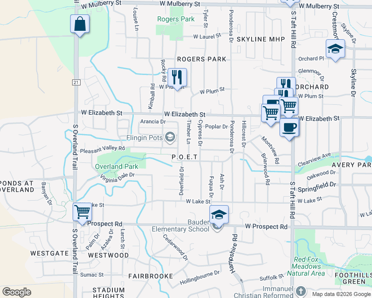 map of restaurants, bars, coffee shops, grocery stores, and more near 1143 Timber Lane in Fort Collins