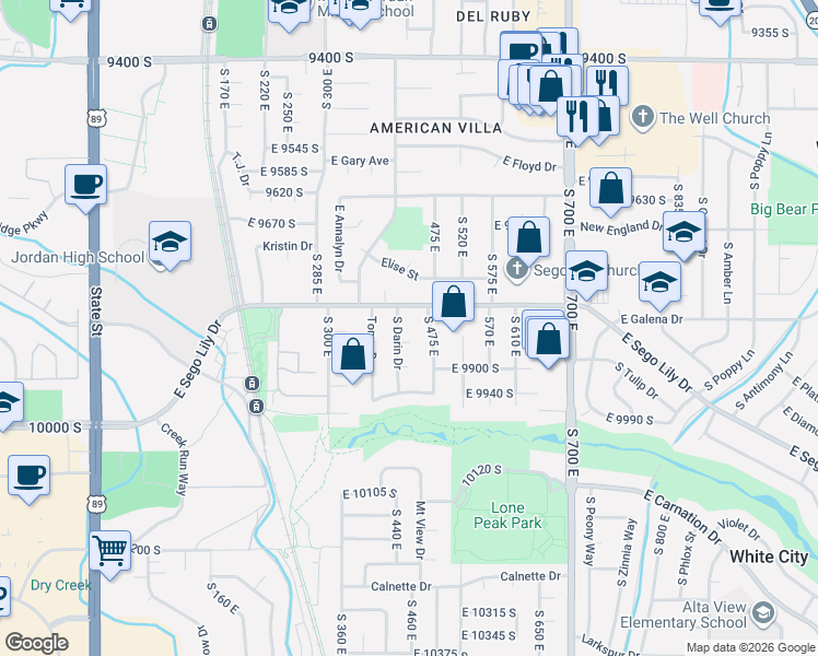 map of restaurants, bars, coffee shops, grocery stores, and more near 9864 South Darin Drive in Sandy