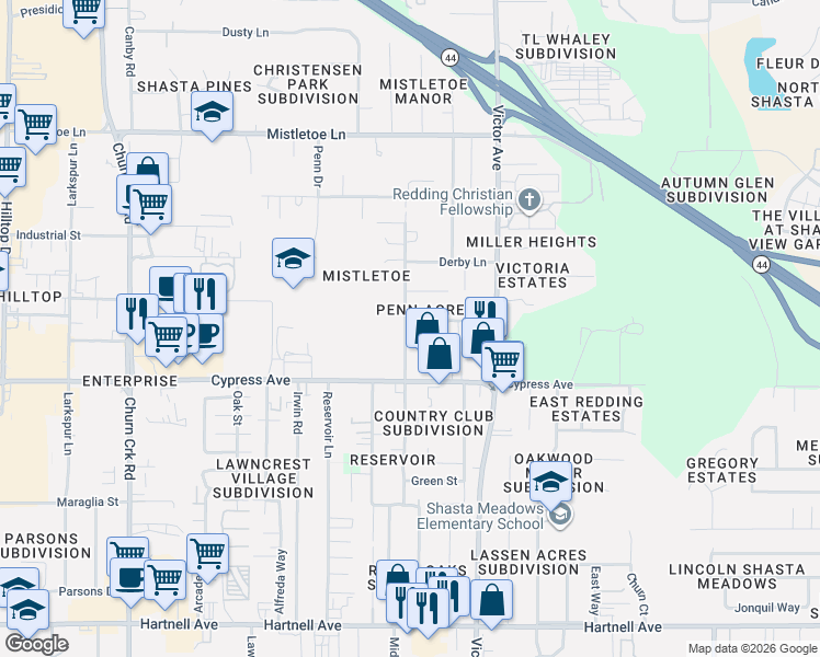 map of restaurants, bars, coffee shops, grocery stores, and more near 2421 Oxford Road in Redding