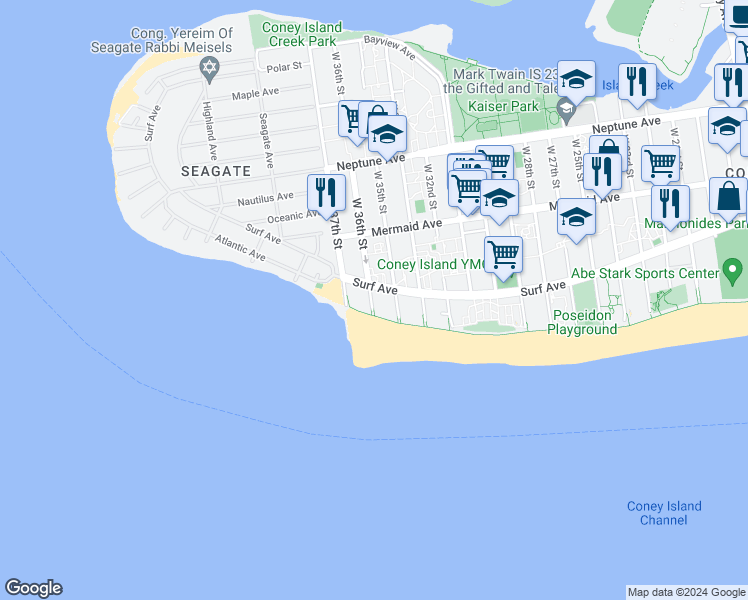 map of restaurants, bars, coffee shops, grocery stores, and more near 3033 West 36th Street in Brooklyn