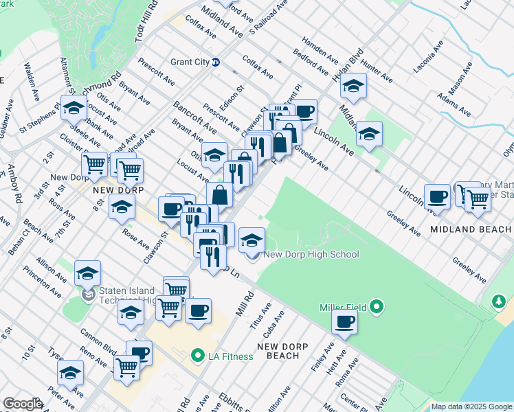 map of restaurants, bars, coffee shops, grocery stores, and more near 2151 New Dorp Lane in Staten Island