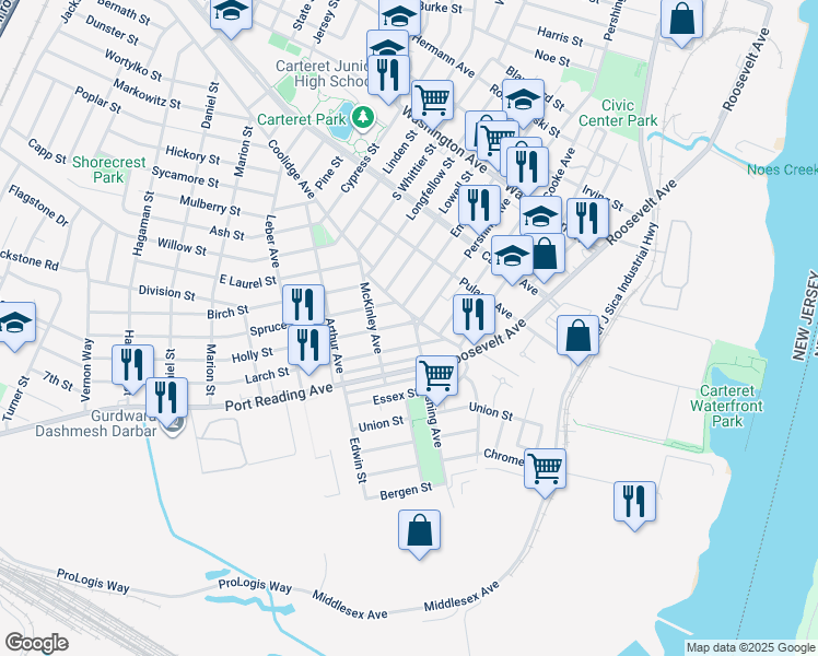 map of restaurants, bars, coffee shops, grocery stores, and more near in Carteret