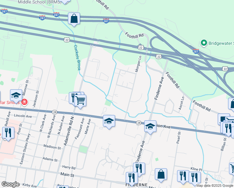 map of restaurants, bars, coffee shops, grocery stores, and more near 16 Dartmouth Avenue in Bridgewater Township