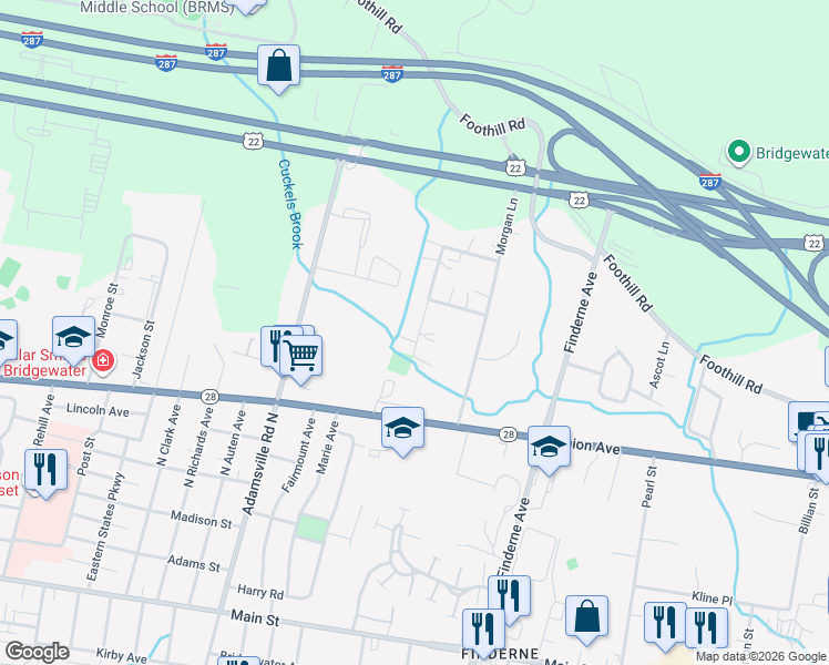 map of restaurants, bars, coffee shops, grocery stores, and more near 19 Dartmouth Avenue in Bridgewater Township