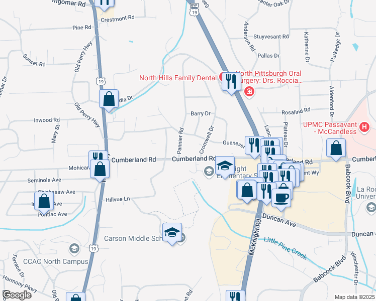 map of restaurants, bars, coffee shops, grocery stores, and more near 9101 Cromwell Drive in Pittsburgh