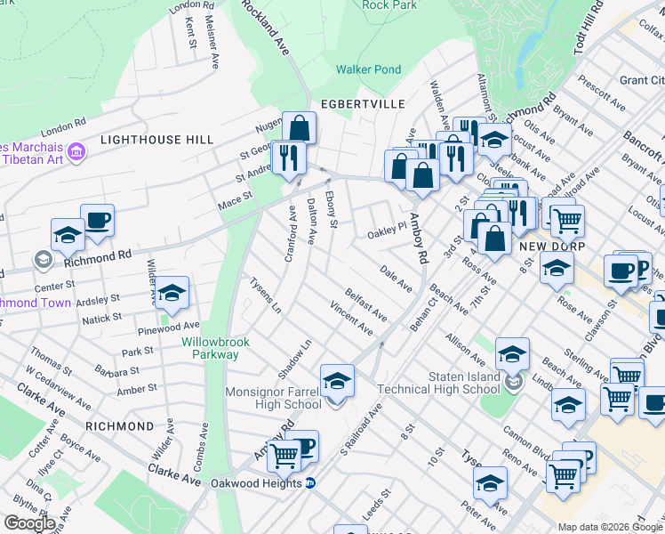 map of restaurants, bars, coffee shops, grocery stores, and more near 91 Belfast Avenue in Staten Island