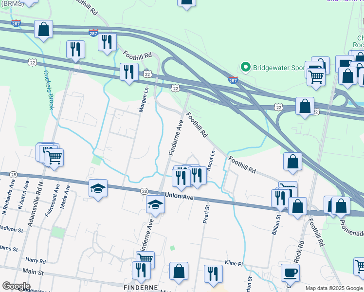 map of restaurants, bars, coffee shops, grocery stores, and more near 296 English Court in Bridgewater Township