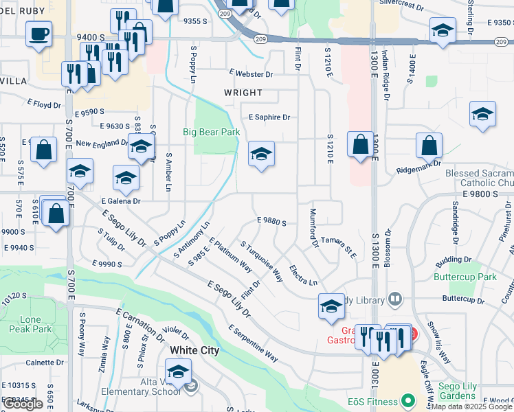 map of restaurants, bars, coffee shops, grocery stores, and more near 9835 South Dolomite Way in Sandy