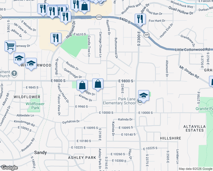 map of restaurants, bars, coffee shops, grocery stores, and more near 2163 Borg Drive in Sandy
