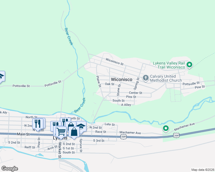map of restaurants, bars, coffee shops, grocery stores, and more near 206 Center Street in Lykens