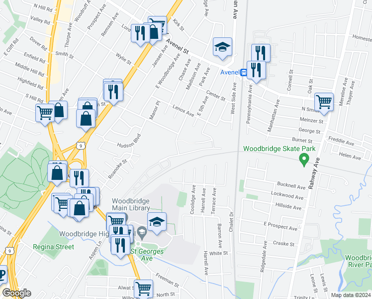 map of restaurants, bars, coffee shops, grocery stores, and more near 903 Madaline Drive in Woodbridge Township