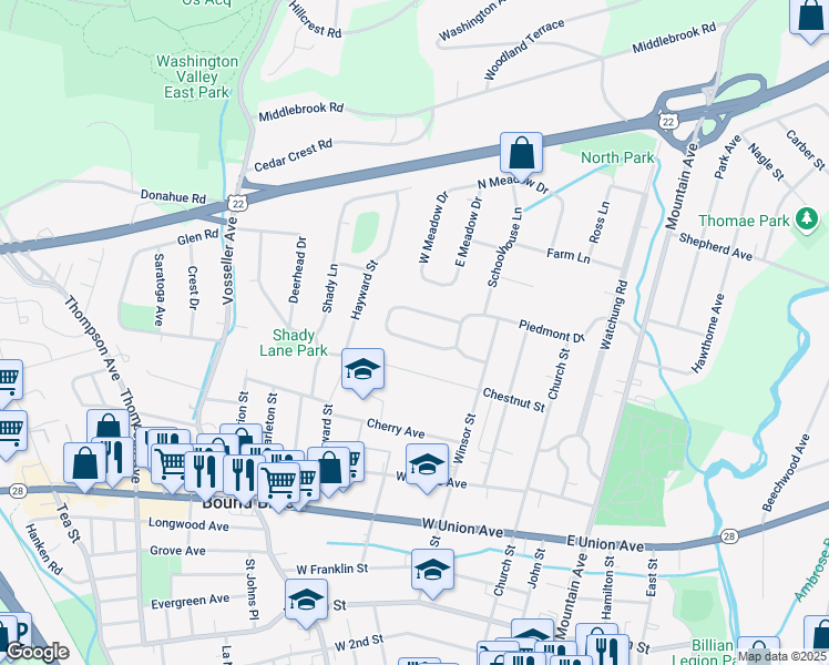 map of restaurants, bars, coffee shops, grocery stores, and more near 264 Metape Circle South in Bound Brook